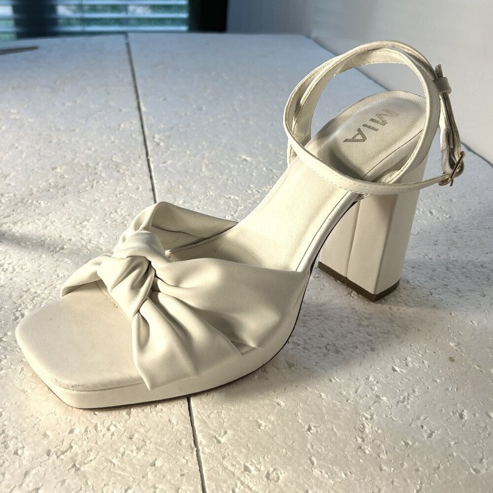 MIA Cream Knotted Front Block Heel Sandal with Ankle Strap
